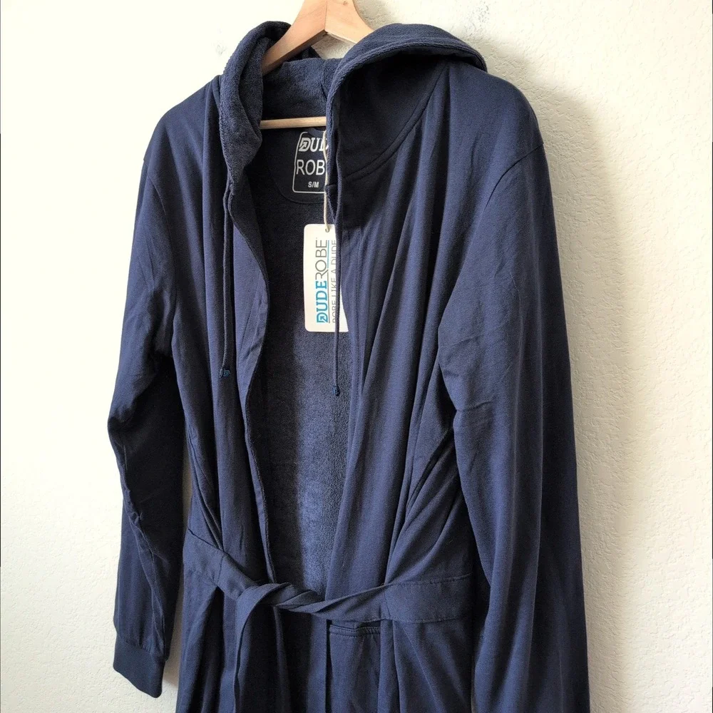 DudeRobe Mens Navy Blue Hooded Bathrobe Cotton Jersey Toweling NWT S/M Lounge